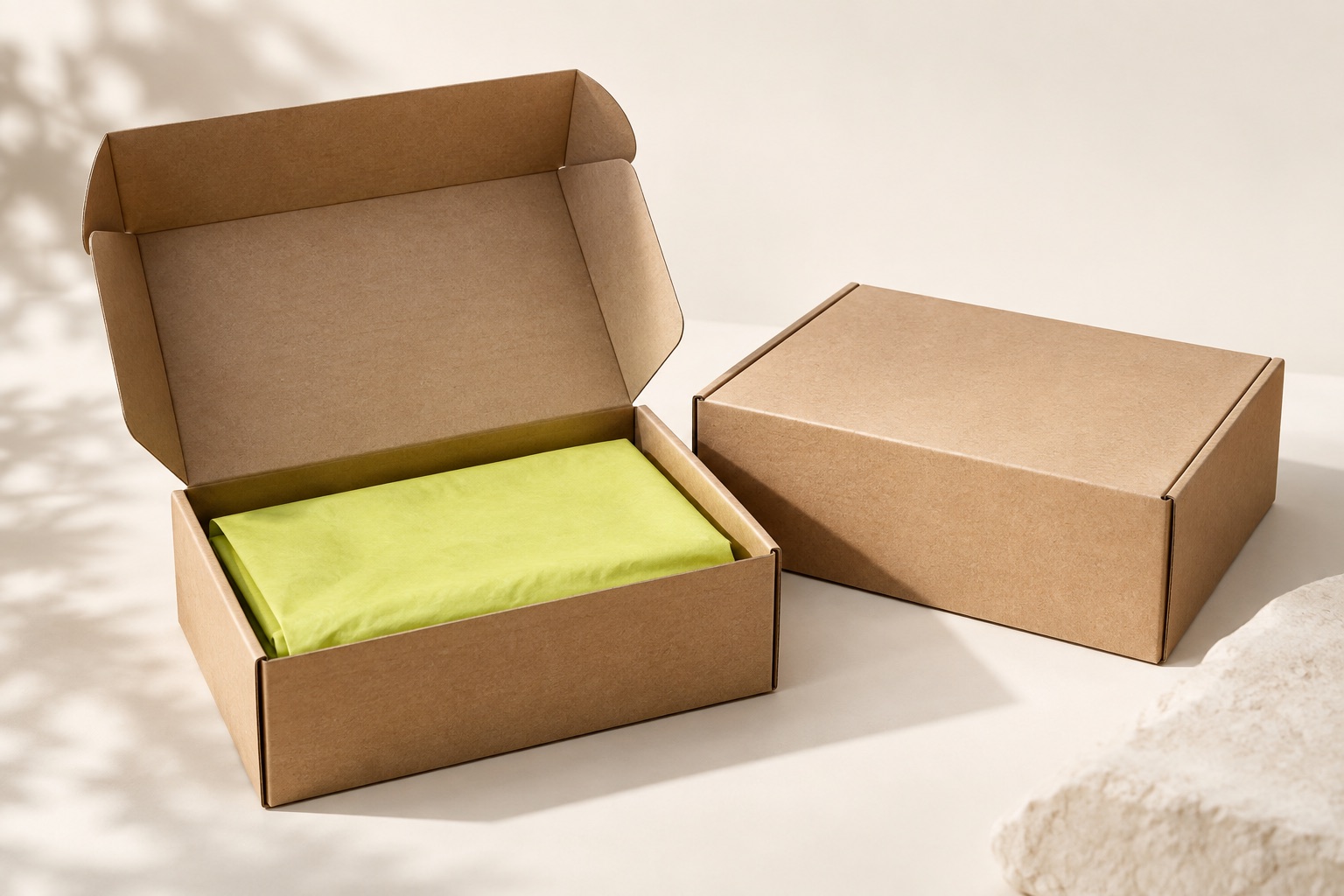Two reusable kraft boxes, one open with green protective paper inside
